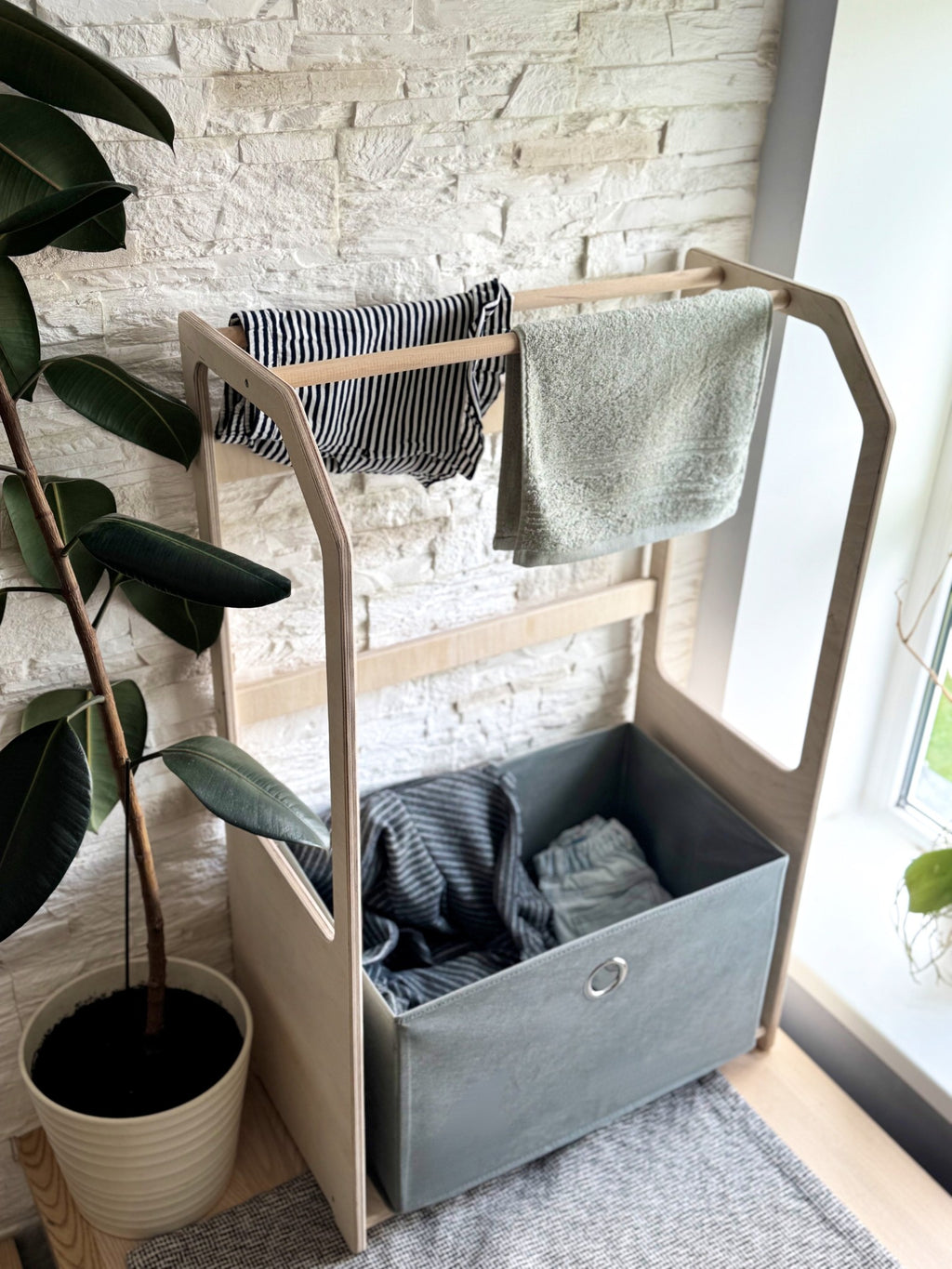 Montessori Wooden Clothes Drying Rack with Storage for Kids